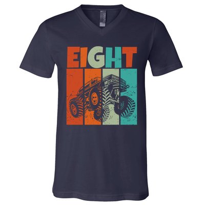 Birthday Monster Truck Retro 8 Year Old Bday V-Neck T-Shirt