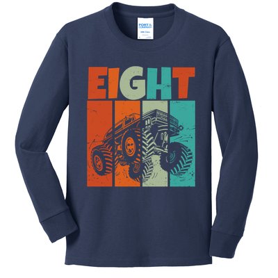 Birthday Monster Truck Retro 8 Year Old Bday Kids Long Sleeve Shirt