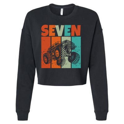 Birthday Monster Truck Retro 7 Year Old Bday Cropped Pullover Crew