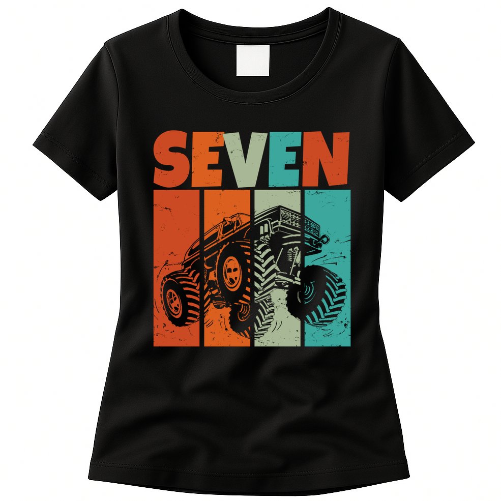 Birthday Monster Truck Retro 7 Year Old Bday Womens T-Shirt