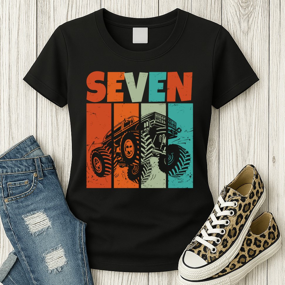 Birthday Monster Truck Retro 7 Year Old Bday Womens T-Shirt