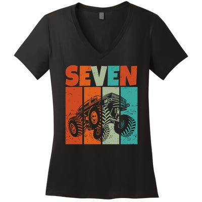 Birthday Monster Truck Retro 7 Year Old Bday Women's V-Neck T-Shirt