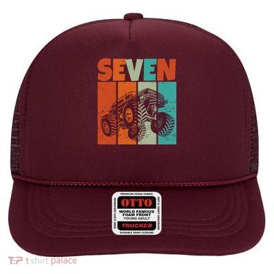 Birthday Monster Truck Retro 7 Year Old Bday High Crown Mesh Back Trucker Hat