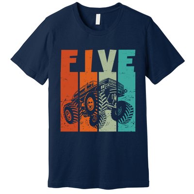 Birthday Monster Truck Retro 5 Year Old Bday Premium T-Shirt