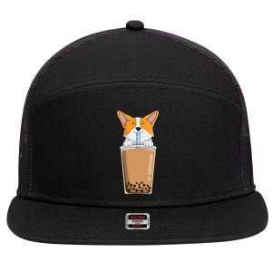 Boba Milk Tea Kawaii Corgi Puppy Japanese Anime Style Cute 7 Panel Mesh Trucker Snapback Hat