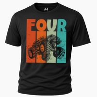 Birthday Monster Truck Four Retro 4 Year Old Bday Performance Shirt