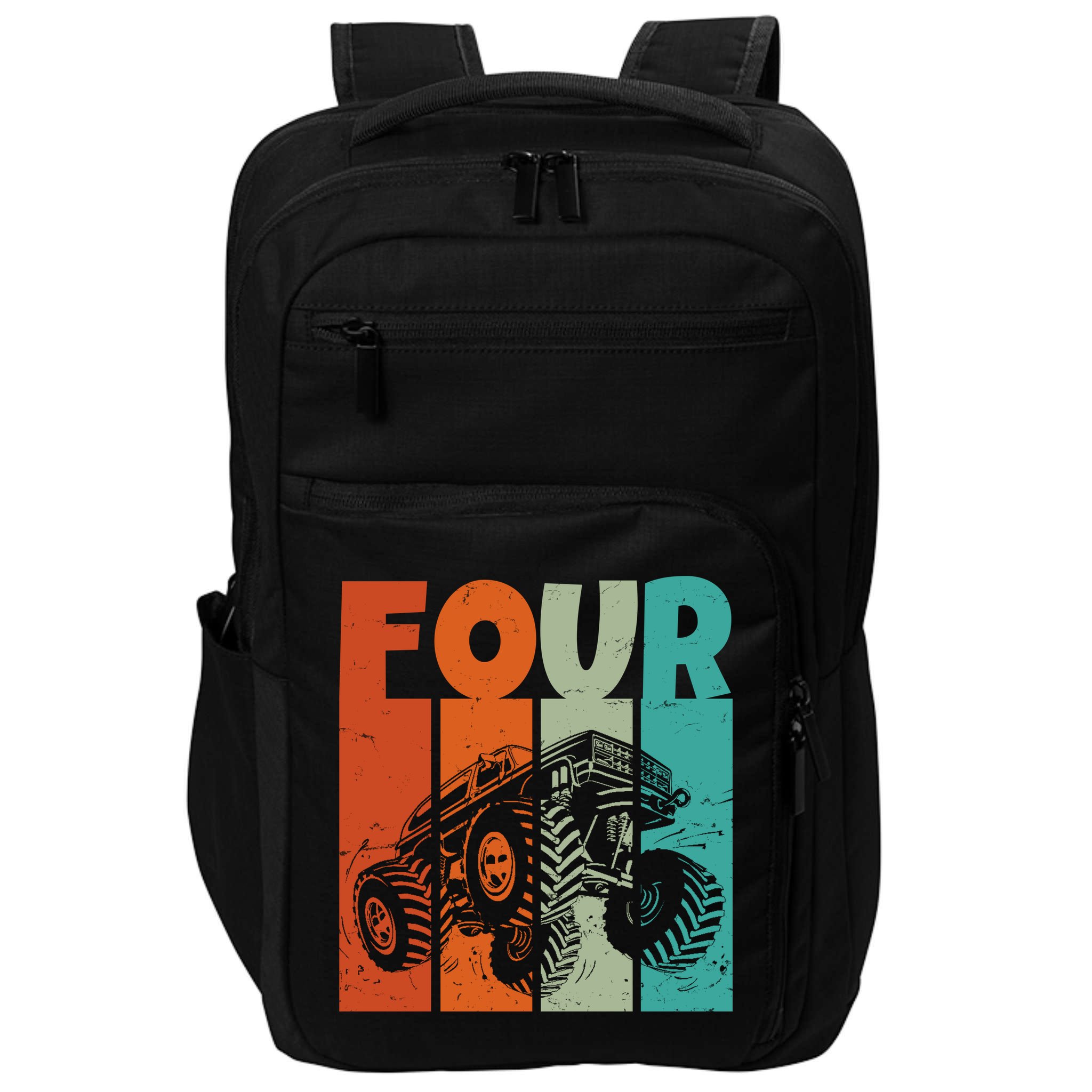 Birthday Monster Truck Four Retro 4 Year Old Bday Impact Tech Backpack
