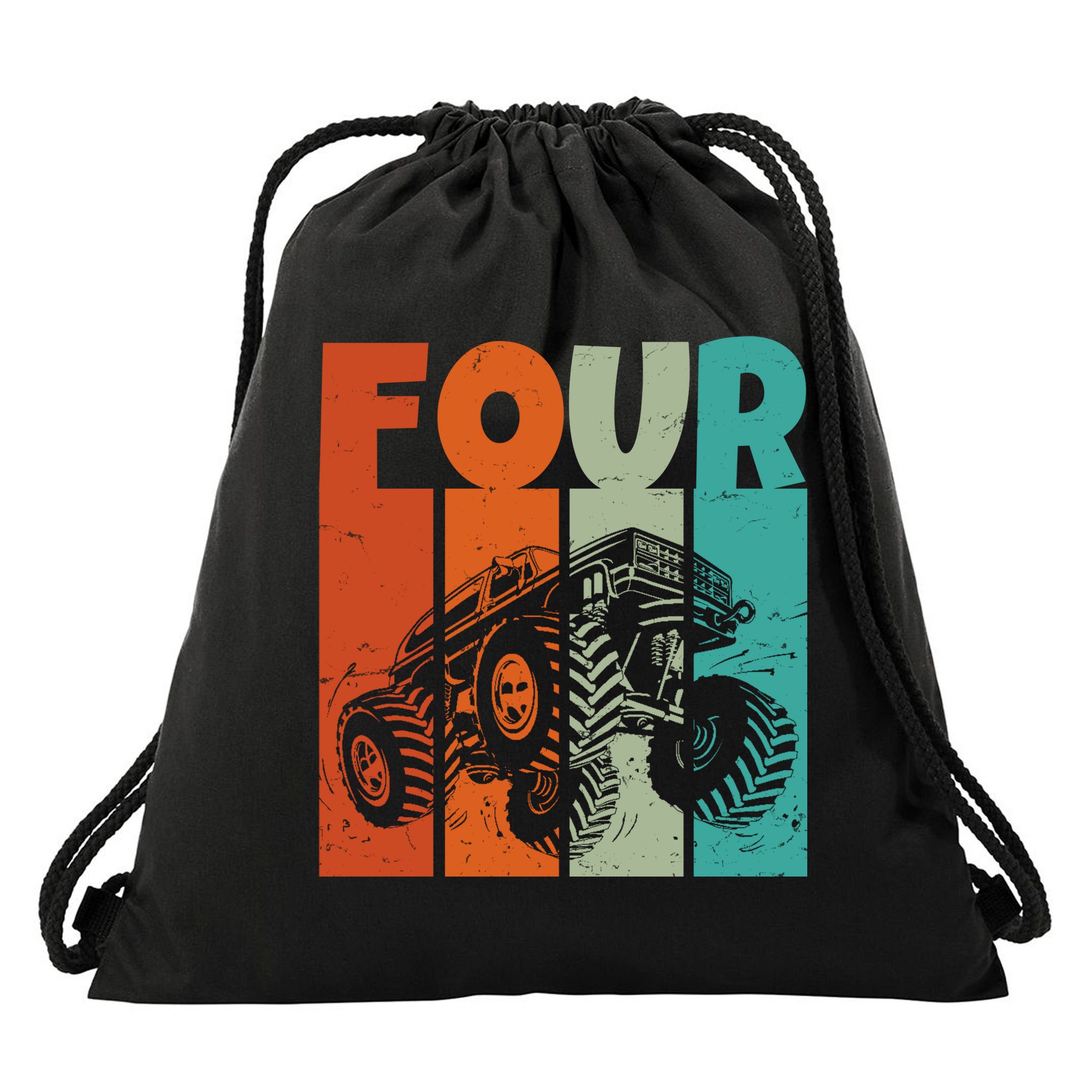 Birthday Monster Truck Four Retro 4 Year Old Bday Drawstring Bag