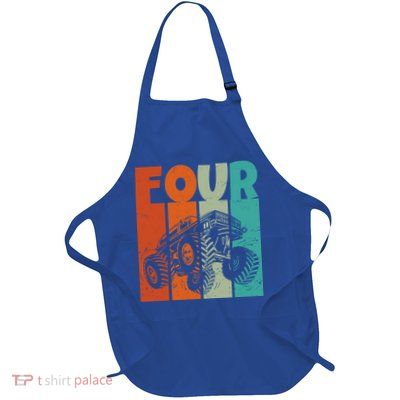 Birthday Monster Truck Four Retro 4 Year Old Bday Full-Length Apron With Pockets