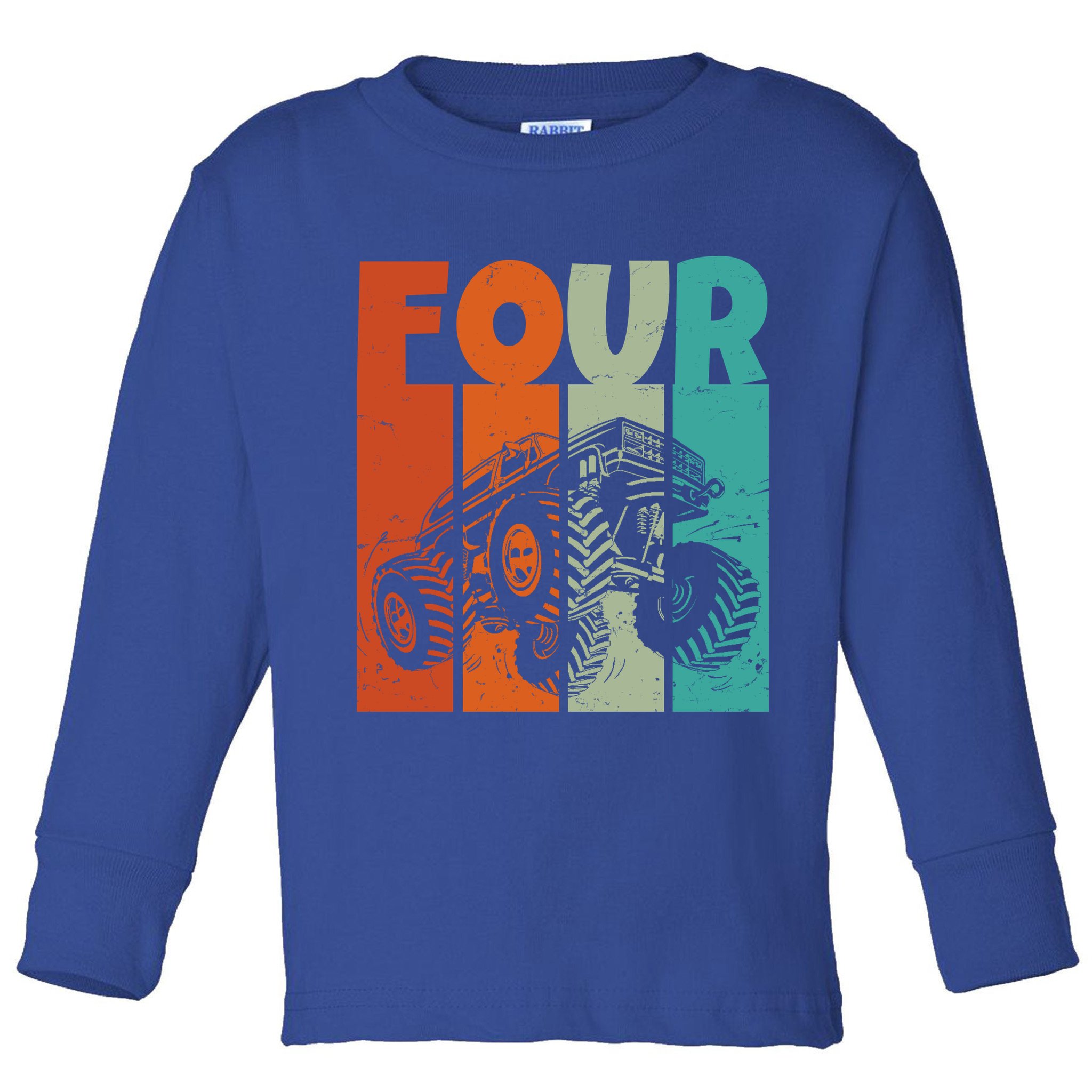 Birthday Monster Truck Four Retro 4 Year Old Bday Toddler Long Sleeve Shirt