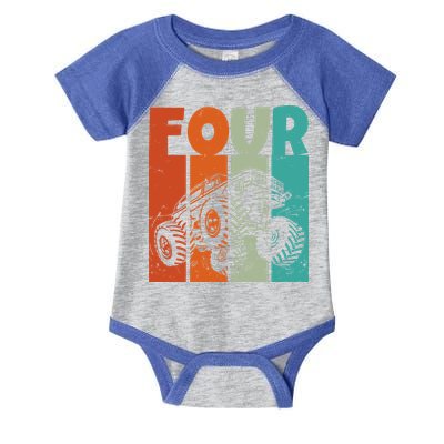 Birthday Monster Truck Four Retro 4 Year Old Bday Infant Baby Jersey Bodysuit
