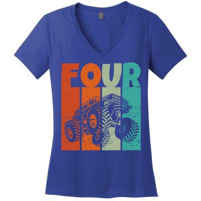 Birthday Monster Truck Four Retro 4 Year Old Bday Women's V-Neck T-Shirt