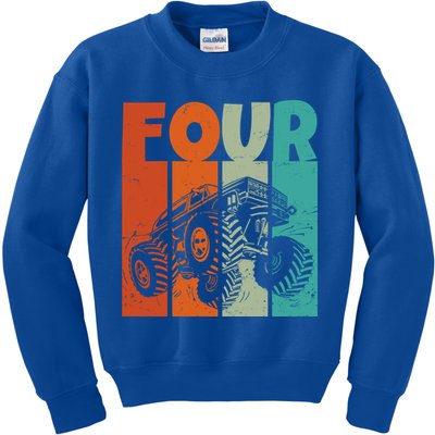 Birthday Monster Truck Four Retro 4 Year Old Bday Kids Sweatshirt