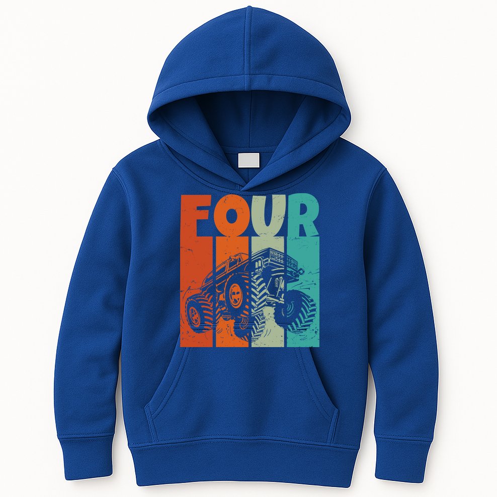 Birthday Monster Truck Four Retro 4 Year Old Bday Kids Hoodie