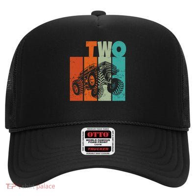 Birthday Monster Truck Retro 2 Year Old Bday High Crown Mesh Back Trucker Hat
