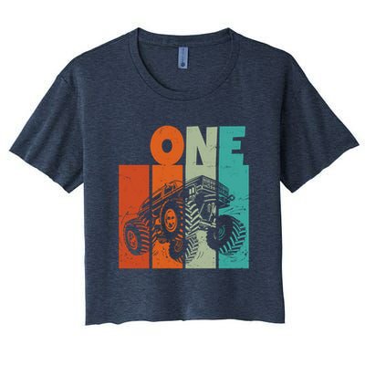 Birthday Monster Truck One Retro 1 Year Old Bday Crop Top