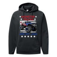 Boy Monster Truck American Flag Racing USA Patriotic Retro Performance Fleece Hoodie