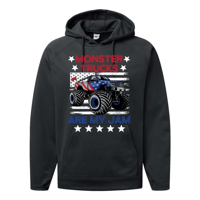 Boy Monster Truck American Flag Racing USA Patriotic Retro Performance Fleece Hoodie