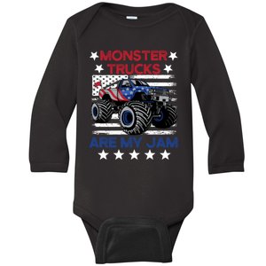 Boy Monster Truck American Flag Racing USA Patriotic Retro Baby Long Sleeve Bodysuit