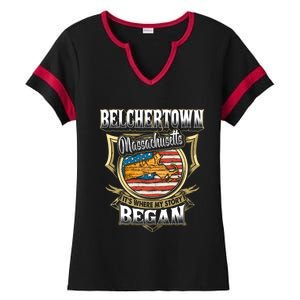 Belchertown Massachusetts Usa Flag 4th Of July Funny Gift Ladies Halftime Notch Neck Tee