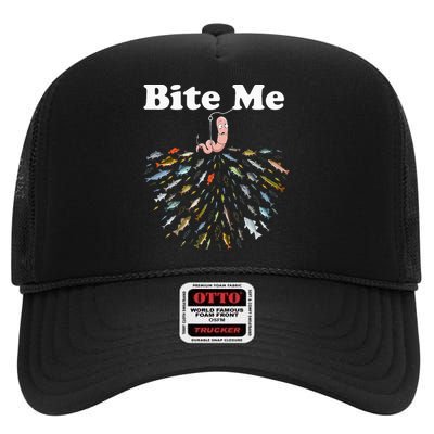 Bite Me Unique Fishing Gift For Fishing Lovers High Crown Mesh Back Trucker Hat