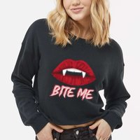 Bite Me Vampire Fangs Diy Halloween For Aspiring Dracula Funny Gift Cropped Pullover Crew