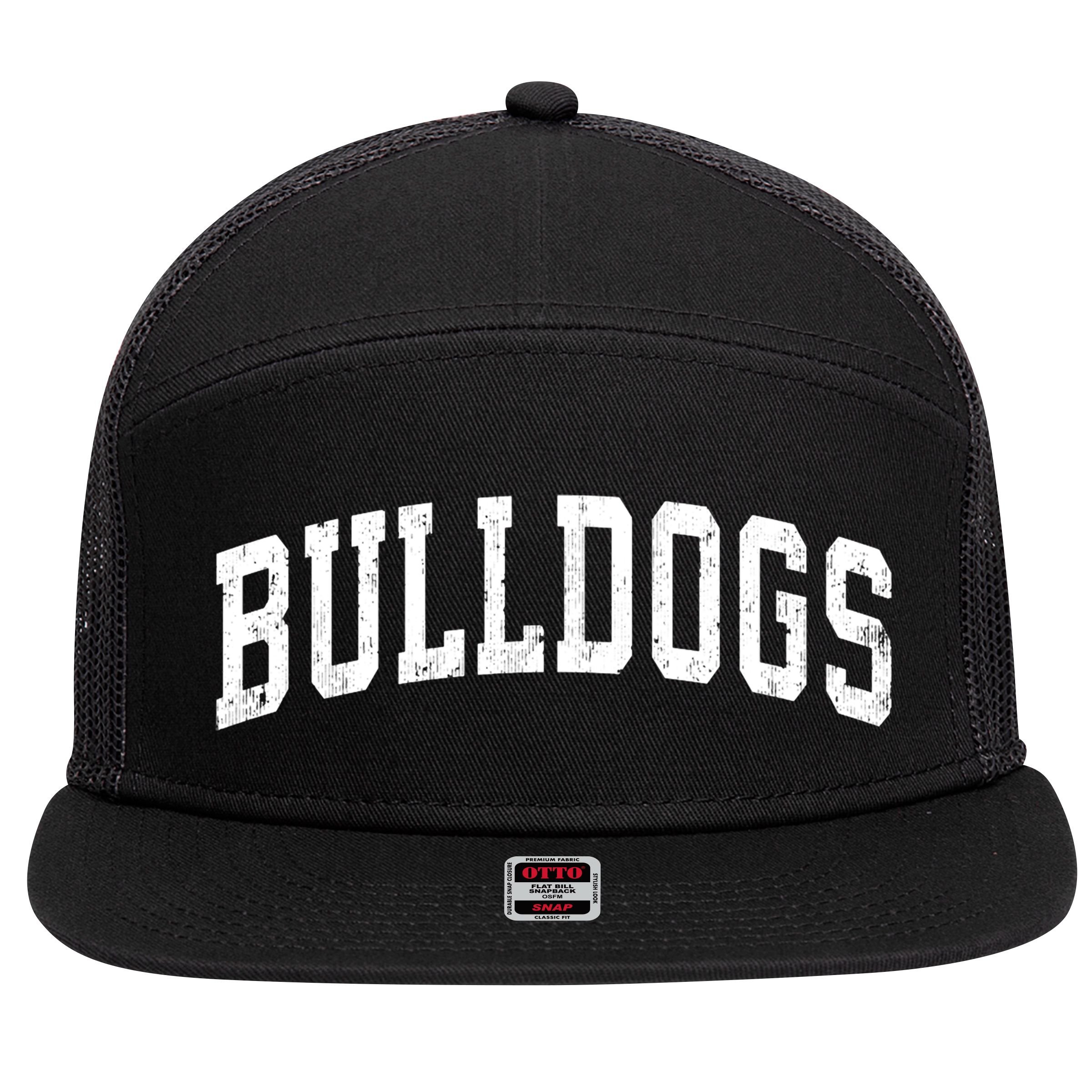 Bulldogs Mascot Vintage Athletic Sports Name Design Long Sleeve 7 Panel Mesh Trucker Snapback Hat