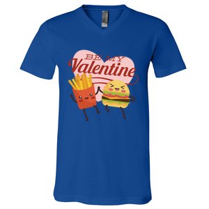 Be My Valentine L Cute Valentines Day Fries And Hamburger Gift V-Neck T-Shirt