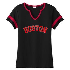 Boston Ma Varsity Style Red Text Ladies Halftime Notch Neck Tee