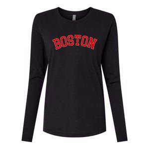 Boston Ma Varsity Style Red Text Womens Cotton Relaxed Long Sleeve T-Shirt