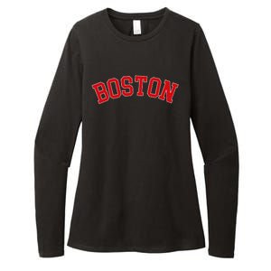 Boston Ma Varsity Style Red Text Womens CVC Long Sleeve Shirt