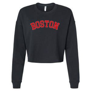 Boston Ma Varsity Style Red Text Cropped Pullover Crew