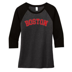 Boston Ma Varsity Style Red Text Women's Tri-Blend 3/4-Sleeve Raglan Shirt