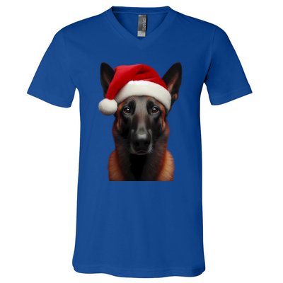 Belgian Malinois With Santa Hat Christmas Xmas Dog Owner Mom Gift V-Neck T-Shirt