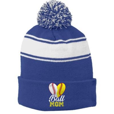 Ball Mom Women Mama Heart Baseball Softball Mother's Day Gift Stripe Pom Pom Beanie
