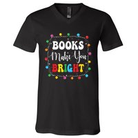 Books Make You Bright Christmas Lights Librarian Book Lover V-Neck T-Shirt