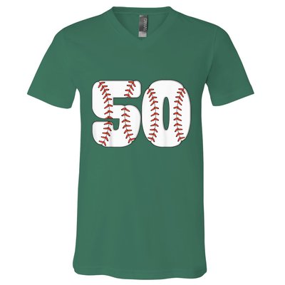 Baseball Number 50 Baseball Birthday 50 Baseball Themed 50th V-Neck T-Shirt