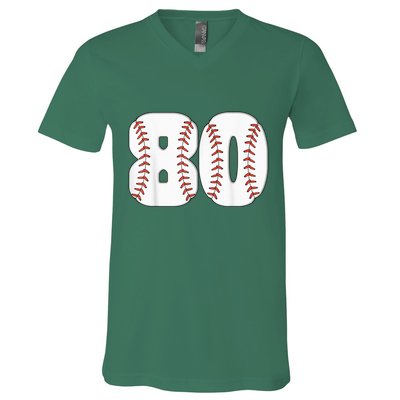 Baseball Number 80 Baseball Birthday 80 Baseball Themed 80th V-Neck T-Shirt