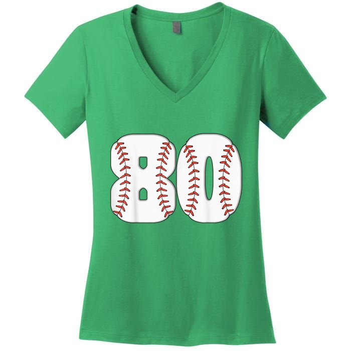 Baseball Number 80 Baseball Birthday 80 Baseball Themed 80th Women's V-Neck T-Shirt