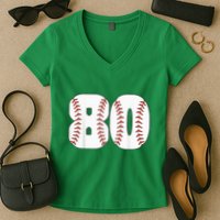 Baseball Number 80 Baseball Birthday 80 Baseball Themed 80th Women's V-Neck T-Shirt