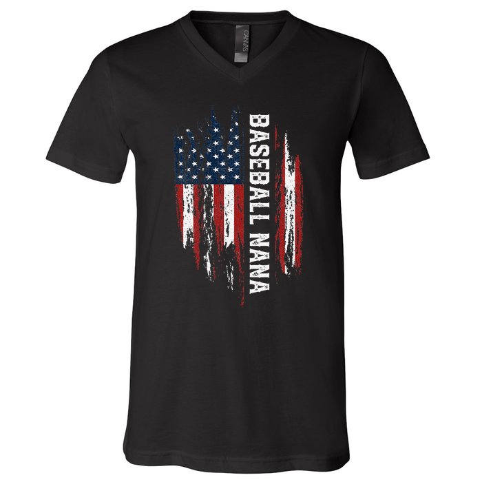 Baseball Nana American Flag Grandma Grandson 4th Of July V-Neck T-Shirt