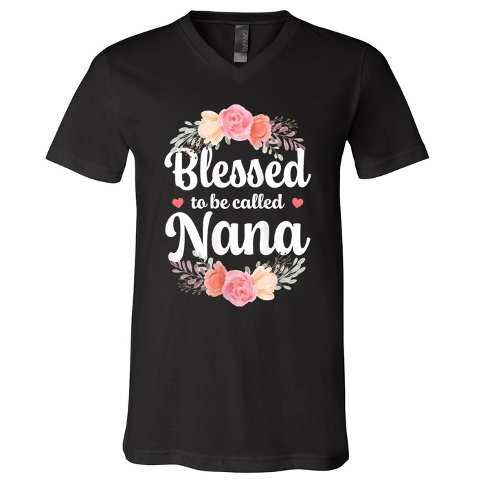 Blessed Nana Christian Grandma Floral MotherS Day V-Neck T-Shirt