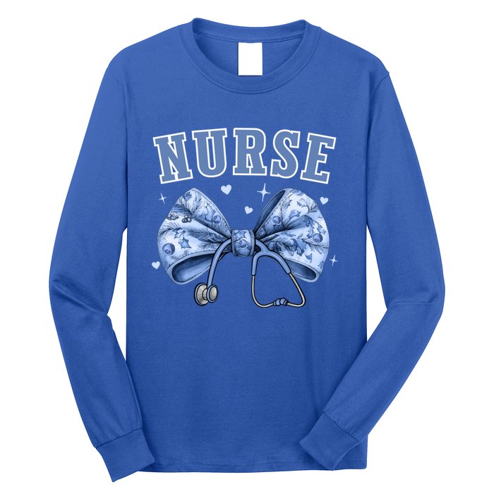 Blue Nurse Coquette Bow Stethoscope Nursing Medical Doctor Cool Gift Long Sleeve Shirt