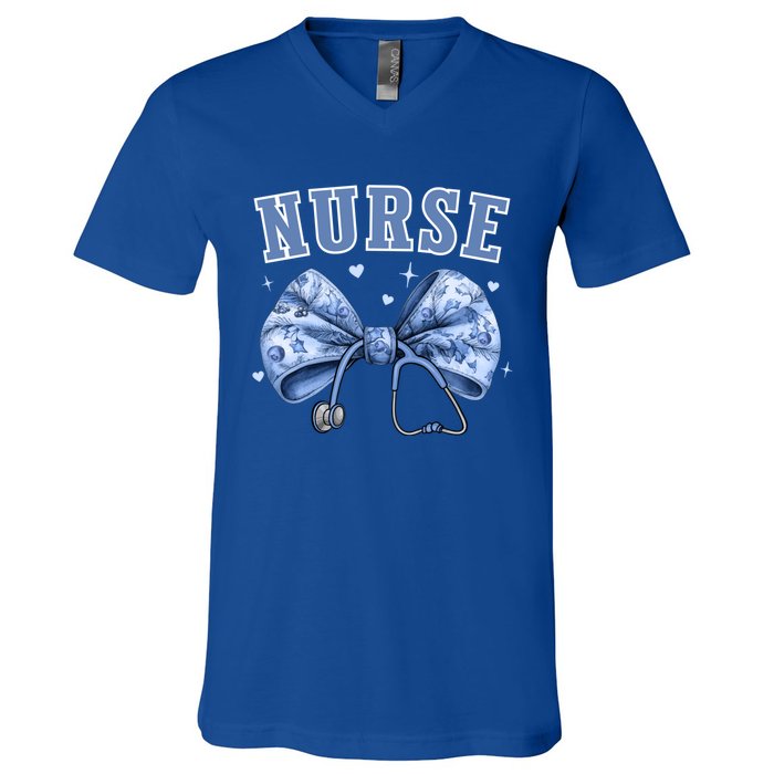 Blue Nurse Coquette Bow Stethoscope Nursing Medical Doctor Cool Gift V-Neck T-Shirt