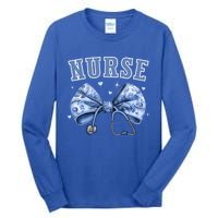 Blue Nurse Coquette Bow Stethoscope Nursing Medical Doctor Cool Gift Tall Long Sleeve T-Shirt