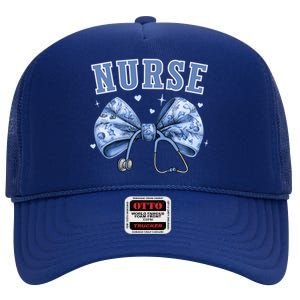 Blue Nurse Coquette Bow Stethoscope Nursing Medical Doctor Cool Gift High Crown Mesh Back Trucker Hat