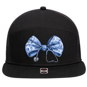 Blue Nurse Coquette Bow Stethoscope Nursing Medical Doctor Gift 7 Panel Mesh Trucker Snapback Hat