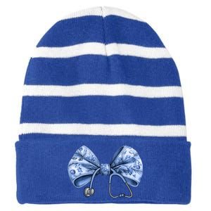 Blue Nurse Coquette Bow Stethoscope Nursing Medical Doctor Gift Striped Beanie with Solid Band