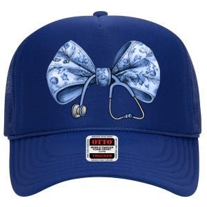 Blue Nurse Coquette Bow Stethoscope Nursing Medical Doctor Gift High Crown Mesh Back Trucker Hat