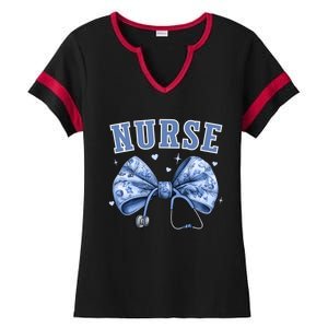 Blue Nurse Coquette Bow Stethoscope Nursing Medical Doctor Ladies Halftime Notch Neck Tee